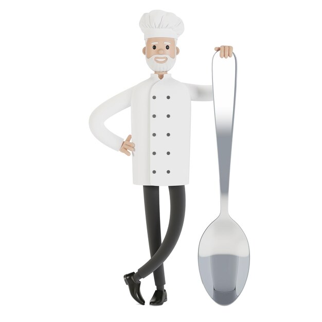 Chef con un cucchiaio grande. Illustrazione 3D in stile cartone animato.