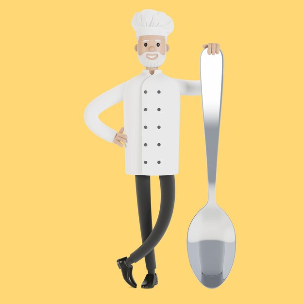 Chef con un cucchiaio grande. Illustrazione 3D in stile cartone animato.