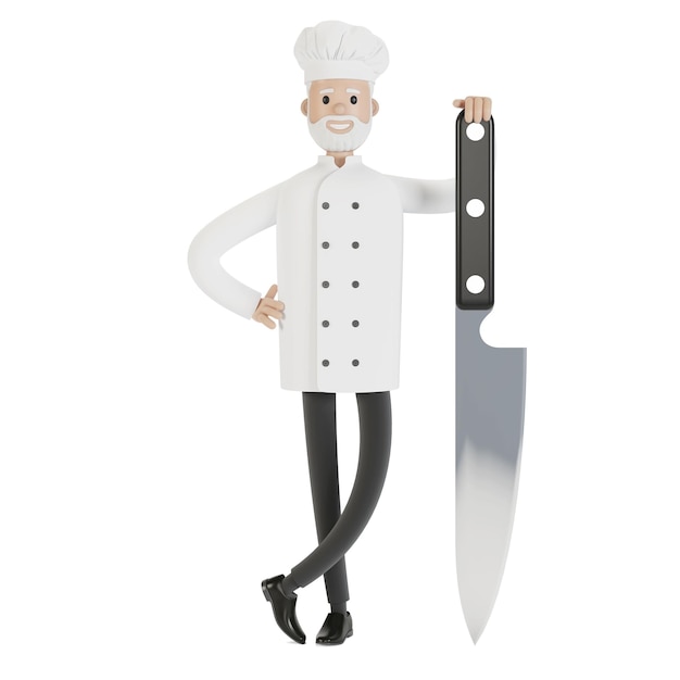 Chef con un grosso coltello. Illustrazione 3D in stile cartone animato.