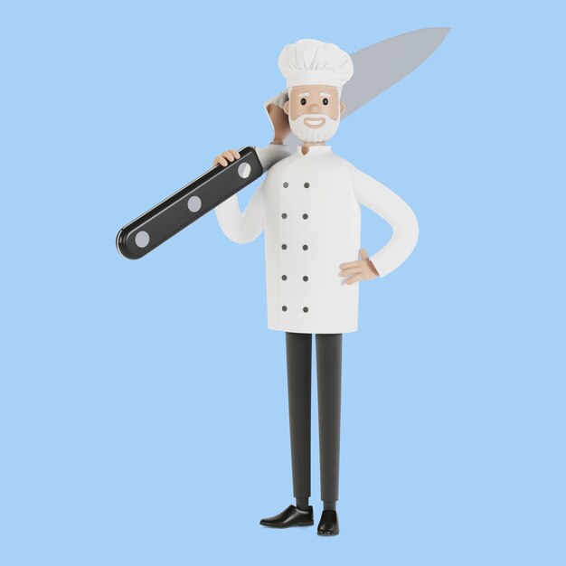 Chef con un grosso coltello. Illustrazione 3D in stile cartone animato.