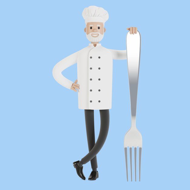 Chef con una grande forchetta. Illustrazione 3D in stile cartone animato.