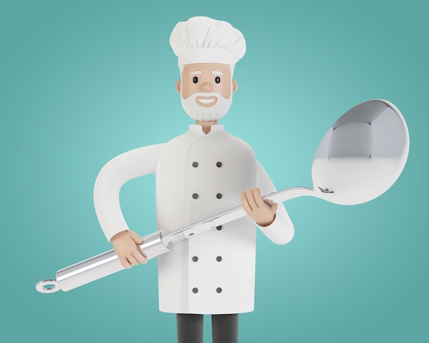 Chef con una grande illustrazione 3D di mestolo in stile cartone animato