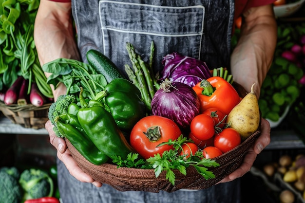 Chef con una varietà di verdure fresche