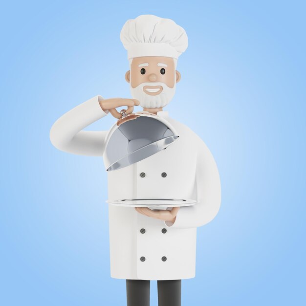 Chef con vassoio d'argento Presentazione di un piatto dello chef Illustrazione 3D in stile cartone animato