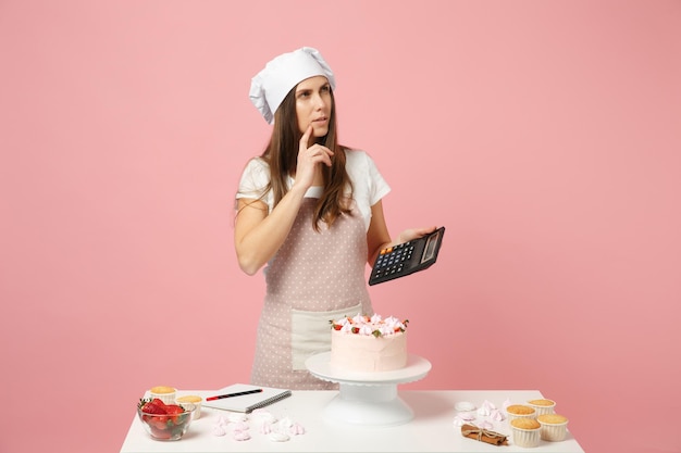 Chef cuoco pasticcere o fornaio in grembiule t-shirt bianca, cappello da chef toque che cucina torta o cupcake al tavolo calcolatrice isolata su sfondo rosa pastello in studio. Mock up copia spazio concetto di cibo.