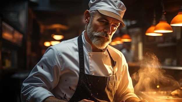 Chef dedicato che padroneggia le fiamme in un'intensa scena di cucina