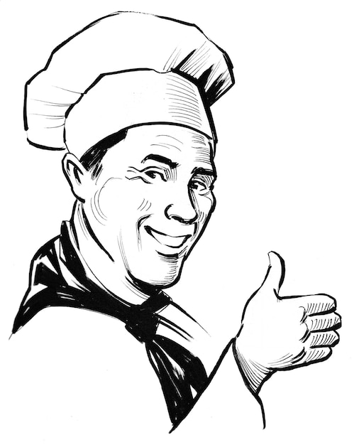 Chef del ristorante felice che mostra il pollice grande. Disegno a inchiostro in bianco e nero
