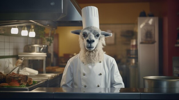 Chef di alpaca che prepara il cibo nella cucina del ristorante Chef di animali