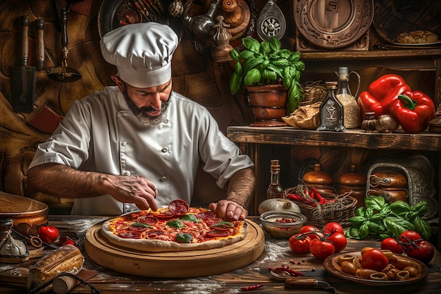 Chef di pizza che modella la pasta su una tavola di legno