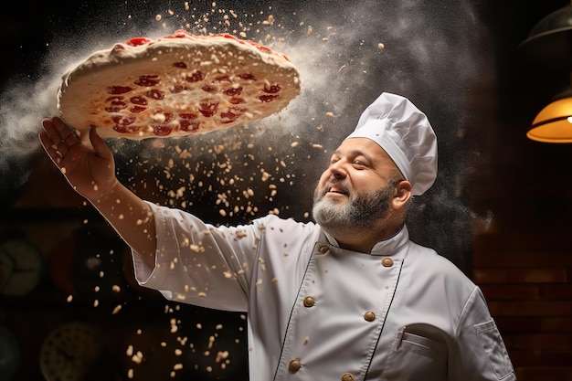 Chef di pizzeria italiano che lancia l'impasto della pizza nell'aria