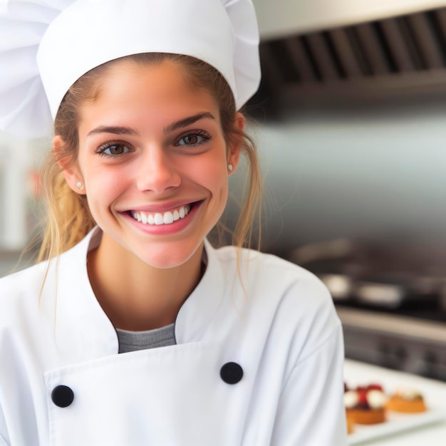 Chef di ristorante donna sorridente su sfondo bianco ai generativo