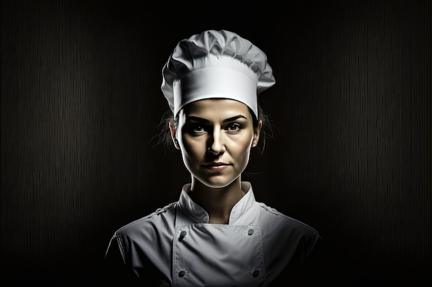 Chef donna che indossa uniforme bianca su sfondo scuro IA generativa
