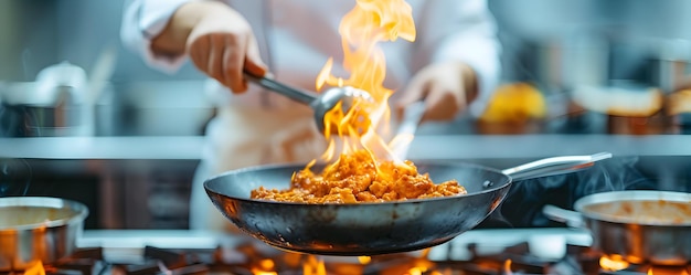 Chef esperto che flambetta con competenza un piatto delizioso in una cucina di un ristorante affollato Concept Flambe mozzafiato Maestria culinaria Ristorante Chef esperto di cucina Piatto delicioso