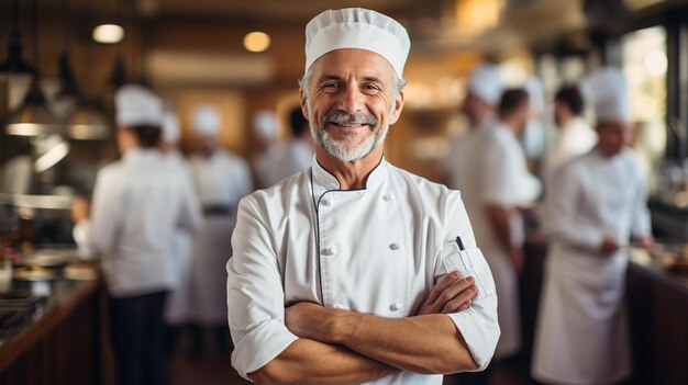 Chef felice, uomo maturo di un grande ristorante, incrocia le braccia e sorride in una cucina moderna dal design ai