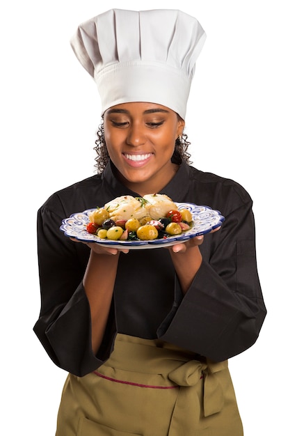 Chef Femminile Con Vassoio Di Cibo In Mano. Isolato su uno spazio bianco.