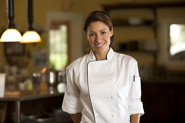 Chef femminile HispanicLatino Posa di sorriso amichevole di mezza età