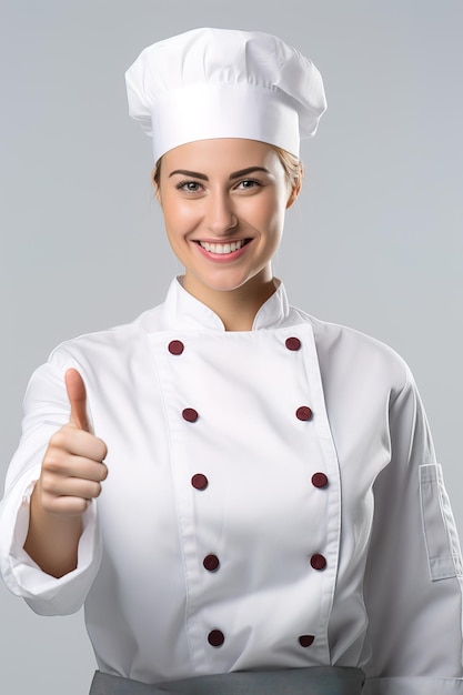 Chef femminile in uniforme sorridente che mostra pollice in su