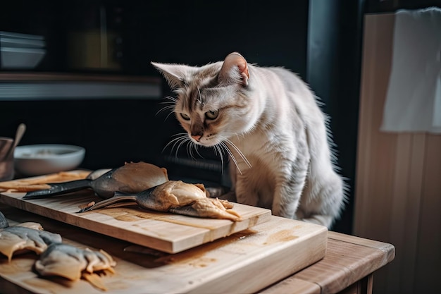 Chef gatto che prepara pesce appena pescato per pasto su tavola di legno