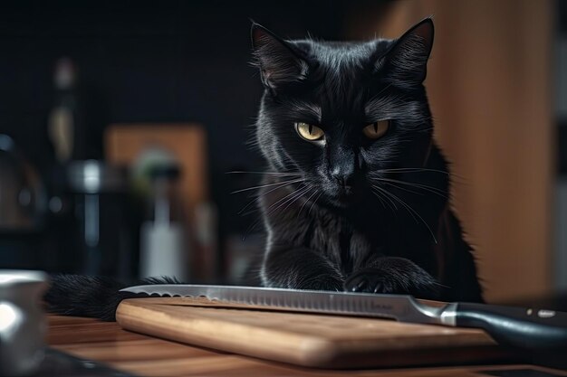 Chef gatto nero che lavora con tagliere e coltelli preparando capolavori culinari