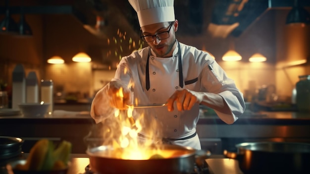 Chef gourmet che cucina in una cucina commerciale IA generativa
