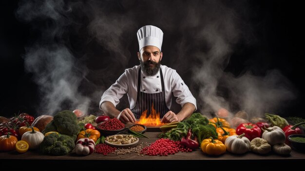 Chef in cappello che prepara il cibo sulla tavola