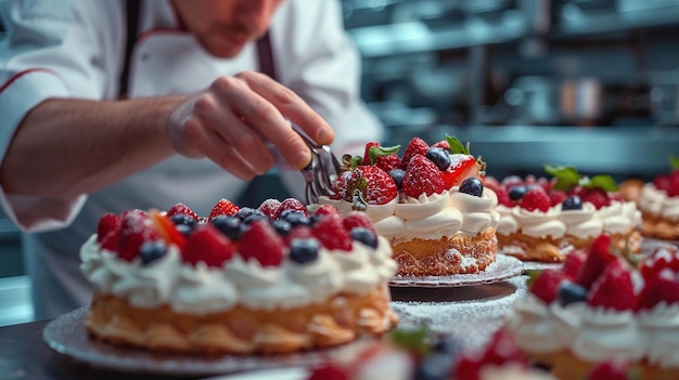 Chef in cucina che crea torte di compleanno in miniatura Ai generativa