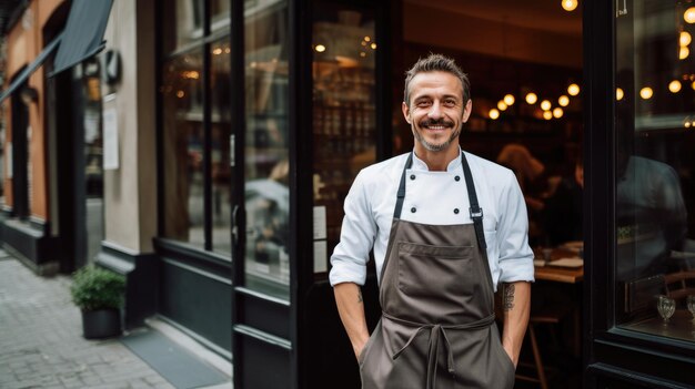 chef in piedi con orgoglio di fronte a un ristorante indossando la sua giacca da chef e un grande sorriso