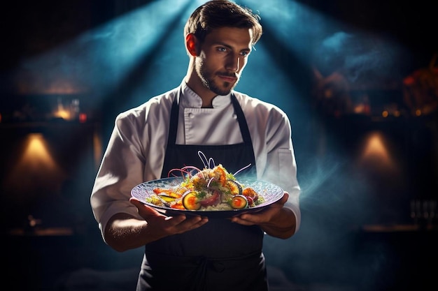Chef in possesso di un piatto di cibo con una ciotola di cibo in background.