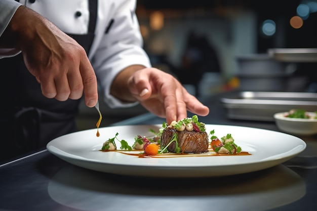 Chef in un ristorante che prepara e decora piatti deliziosi