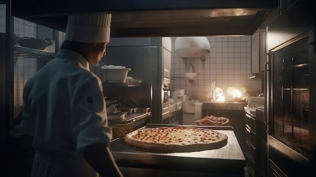 Chef in uniforme bianca e retina per capelli che mette la pizza nel forno ha generato un'immagine ai