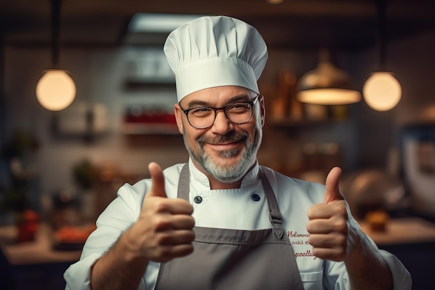 chef in uniforme sorridente che mostra il pollice in su