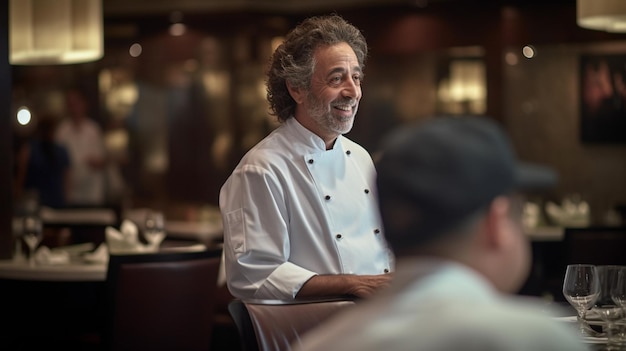 Chef italiano che interagisce con i clienti in un ristorante di lusso sullo sfondo con l'IA generativa