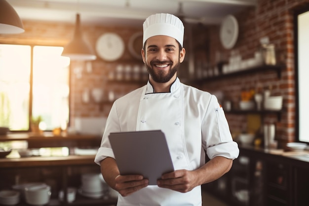 chef maschio che tiene un tablet per accogliere i clienti in un ristorante