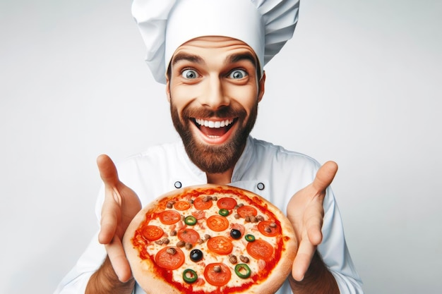 chef maschio con pizza sorride e mostra il pollice su sfondo bianco solido ai generativo