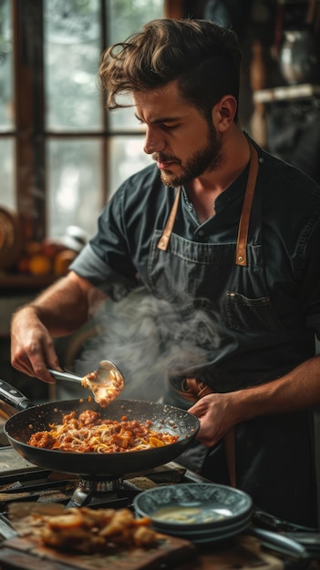 Chef maschio concentrato che cucina la pasta in una padella