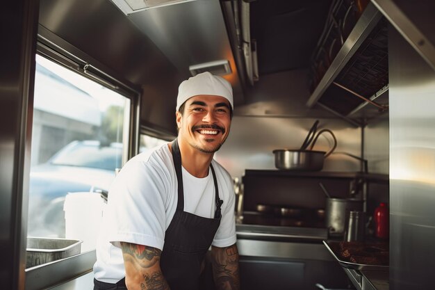 Chef maschio latinoamericano che prepara cibo da asporto nella cucina del camion di cibo