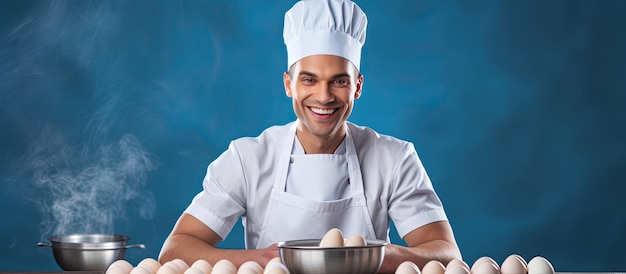 Chef o cuoco che prepara il cibo sbattendo le uova in una ciotola isolata su sfondo blu