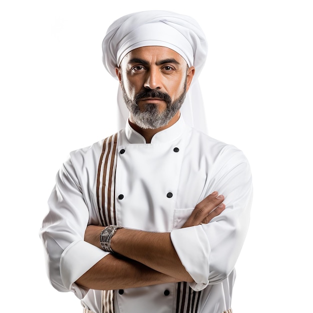 chef professionista arabo che posa isolato su uno sfondo bianco