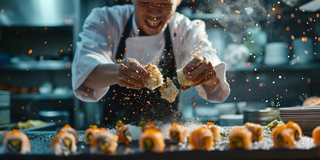 Chef professionista che guarnisce meticolosamente piatti di sushi con arte culinaria in un sushi bar concentrandosi sulla creatività e l'intelligenza artificiale dei dettagli