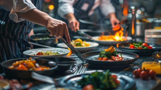 Chef professionista che prepara un piatto squisito in una cucina di un ristorante affollato