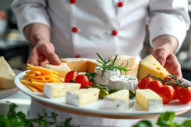 Chef professionista che presenta un piatto di formaggio gourmet con una varietà di formaggi