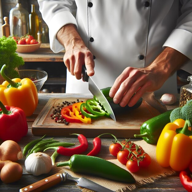 Chef professionista che taglia con precisione verdure fresche in una cucina commerciale