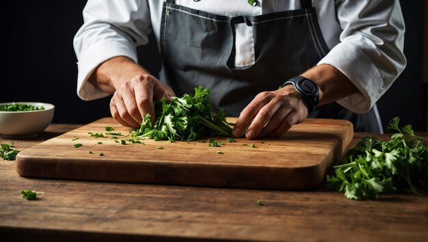 Chef professionista che taglia finemente il prezzemolo verde fresco su una tavola da taglio in legno Arti culinarie