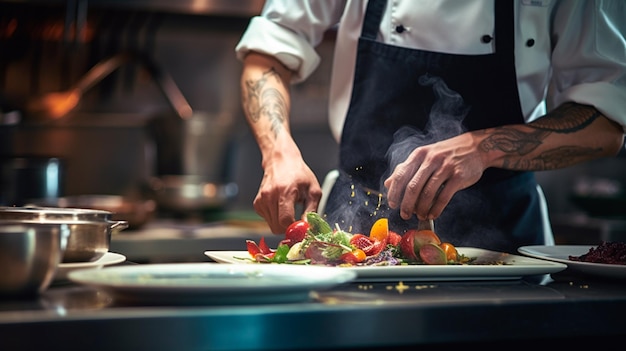 chef professionista maschio che prepara il pasto per il lavoro nel ristorante