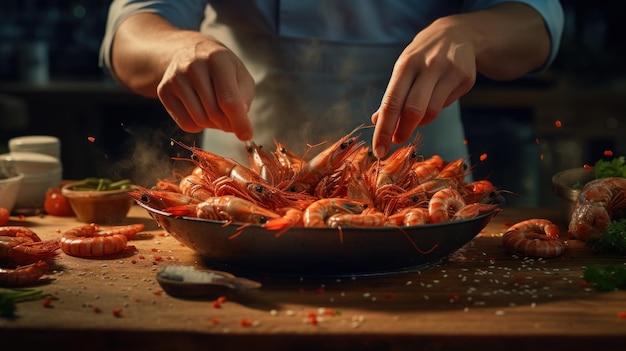 Chef professionista prepara deliziosi gamberetti frutti di mare cibo sfondo carta da parati ai immagine generata