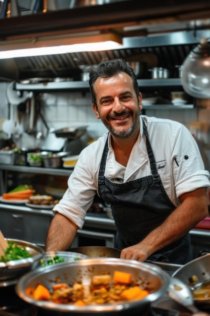 Chef sorridente che cucina in una cucina professionale