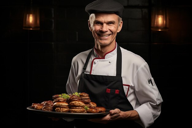 Chef sorridente con un vassoio di hamburger alla griglia