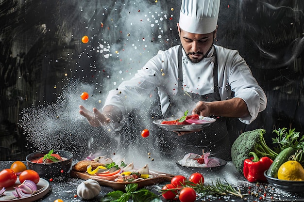 Chef spruzzando verdure a Wok