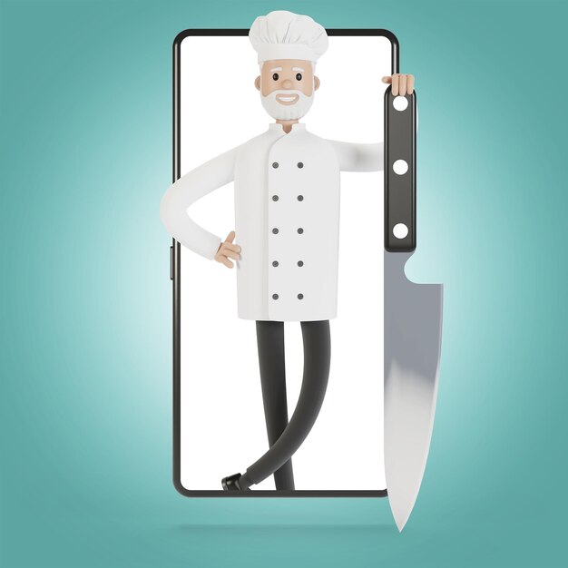 Chef sullo schermo dello smartphone Corsi di cucina online cucina adeguata Consegna dal ristorante Illustrazione 3D in stile cartone animato