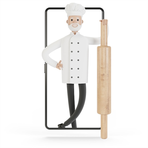 Chef sullo schermo dello smartphone Corsi di cucina online cucina adeguata Consegna dal ristorante Illustrazione 3D in stile cartone animato